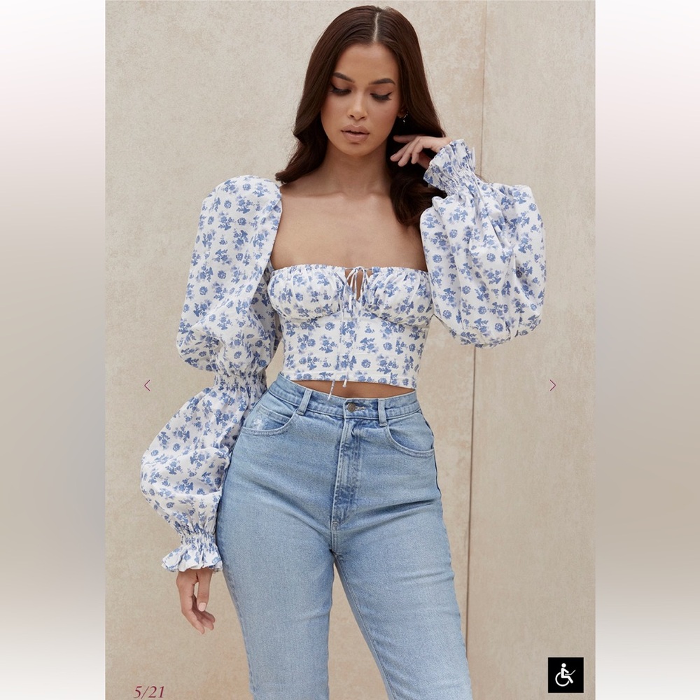 House of CB | EUC Blue Print Cropped Corset Top | Sz XS - Picture 9 of 12